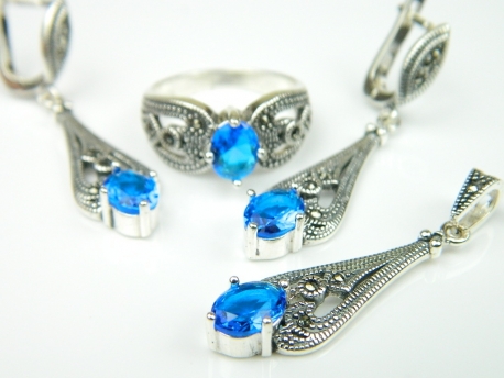 Set bijuterii argint, model egiptean, inel, cercei, pandantiv, topaz albastru si marcasite
