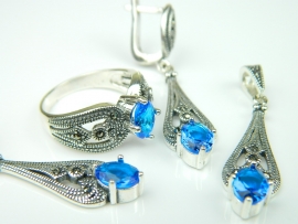 Set bijuterii argint, model egiptean, inel, cercei, pandantiv, topaz albastru si marcasite