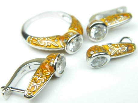 Set bijuterii argint rodiat, aspect aur alb, patru piese, email si topaz alb