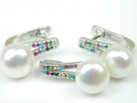 Set bijuterii argint rodiat, aspect aur alb, cercei si pandantiv, perle si zirconii multicolore