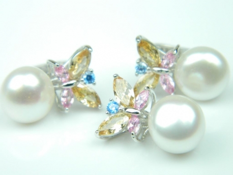 Set bijuterii argint rodiat, aspect aur alb, cercei si pandantiv, perla si turmaline